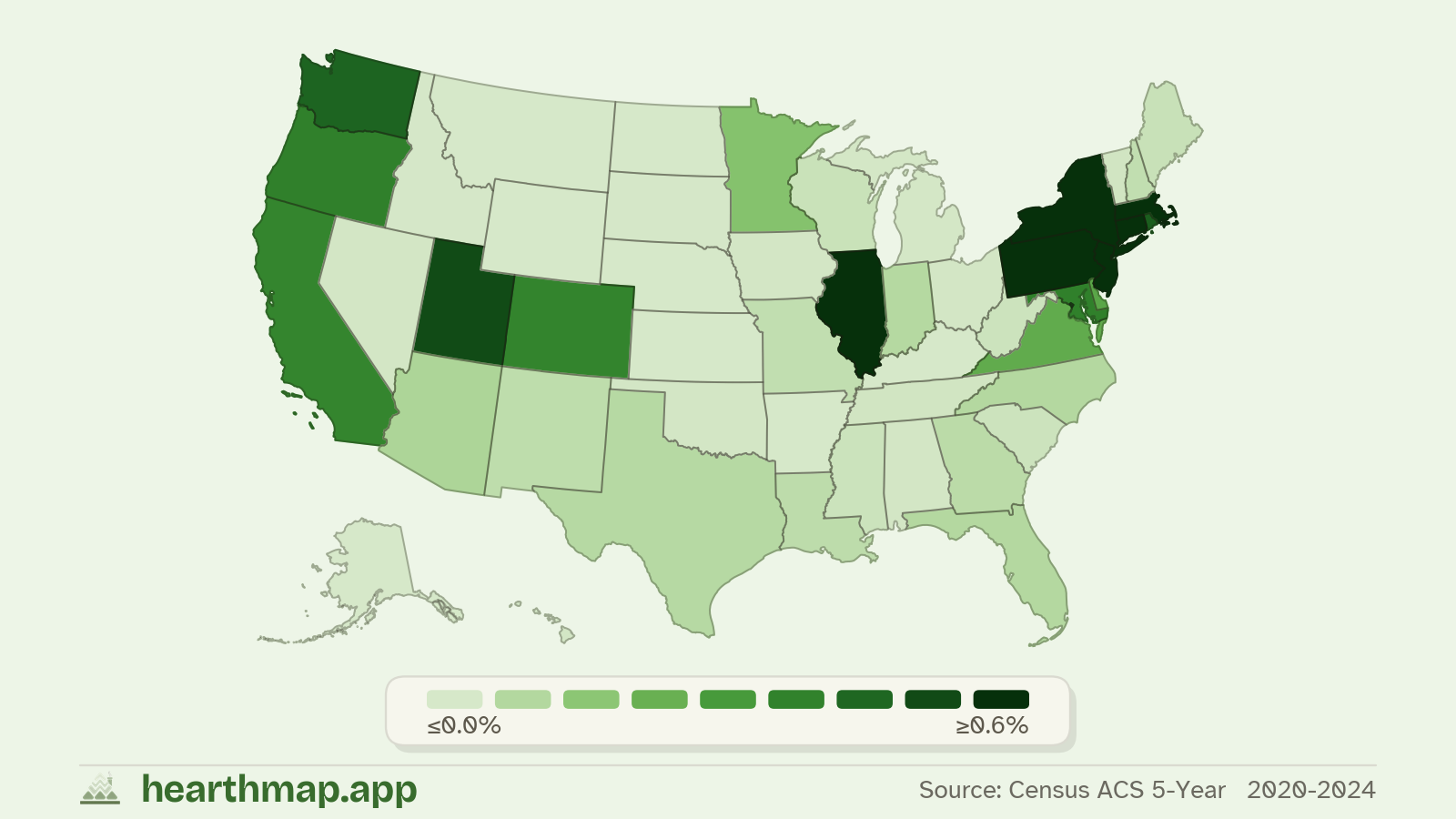 Choropleth map of Rail Commuters across US states (2020-2024), by hearthmap