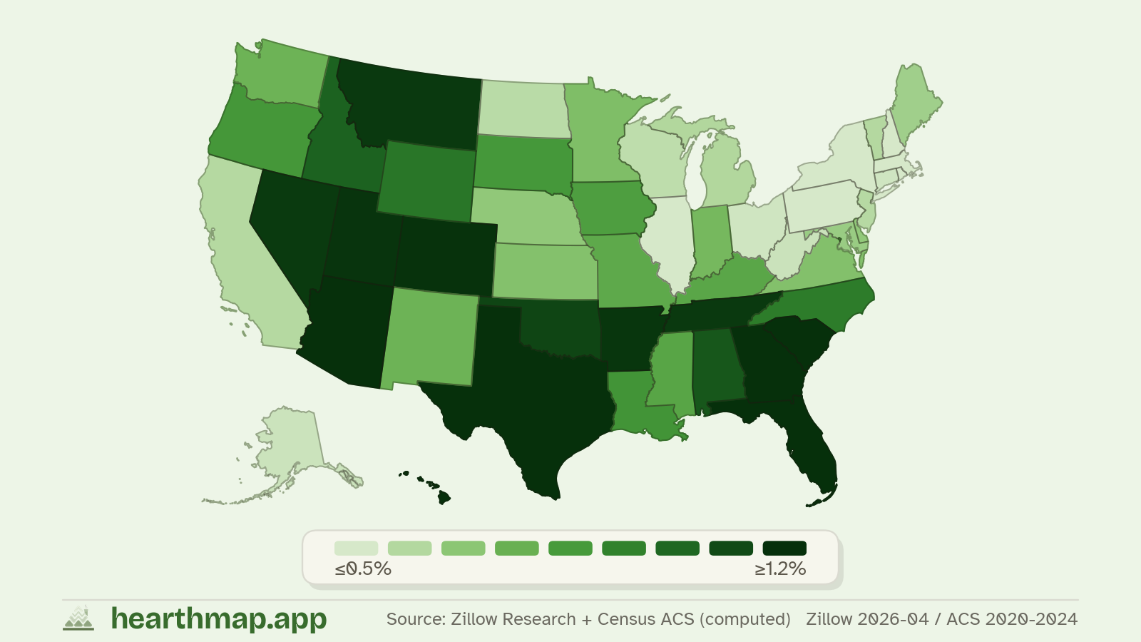 Choropleth map of Share of Homes For Sale across US states (Zillow 2026-04 / ACS 2020-2024), by hearthmap