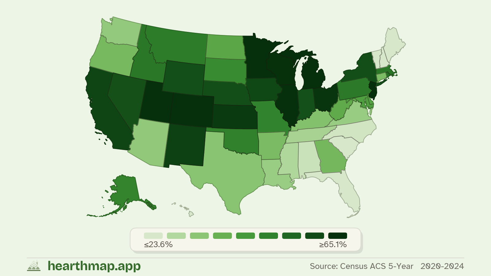 Choropleth map of Homes Heated by Gas across US states (2020-2024), by hearthmap