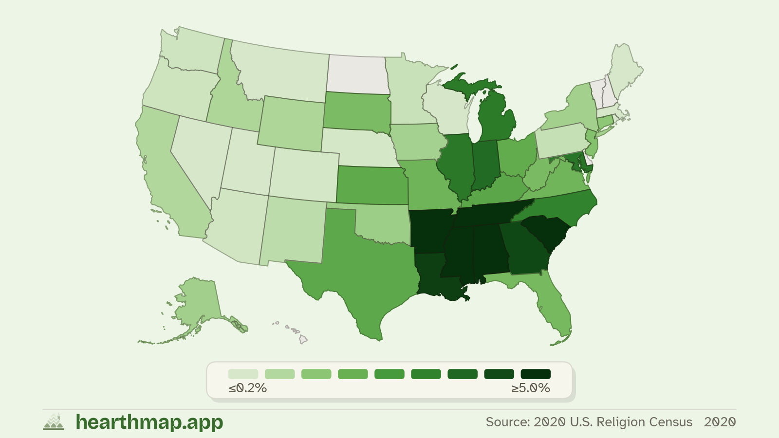 Choropleth map of Historically Black Protestant Population across US states (2020), by hearthmap
