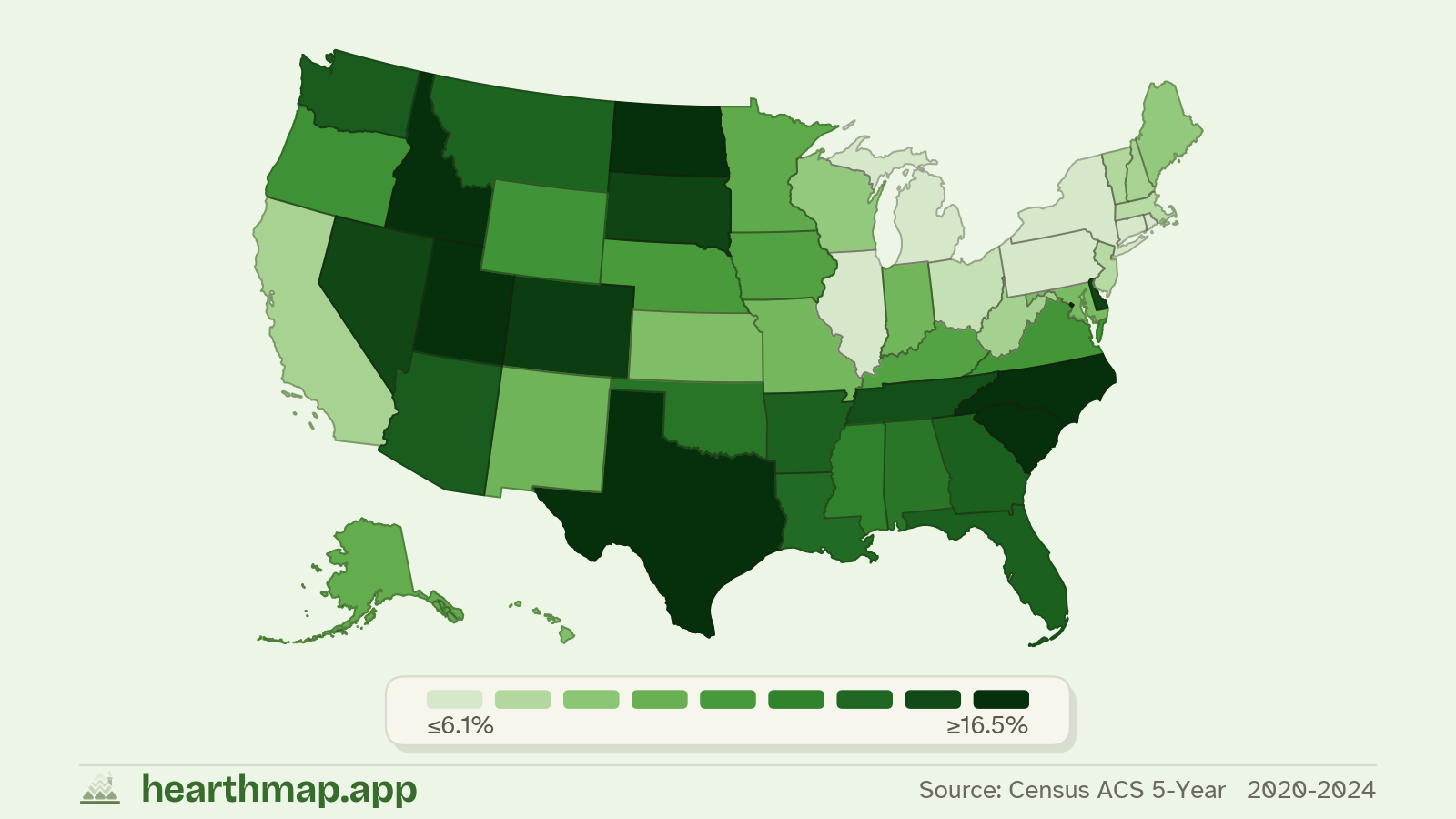 Choropleth map of Homes Built Last 10 Years across US states (2020-2024), by hearthmap
