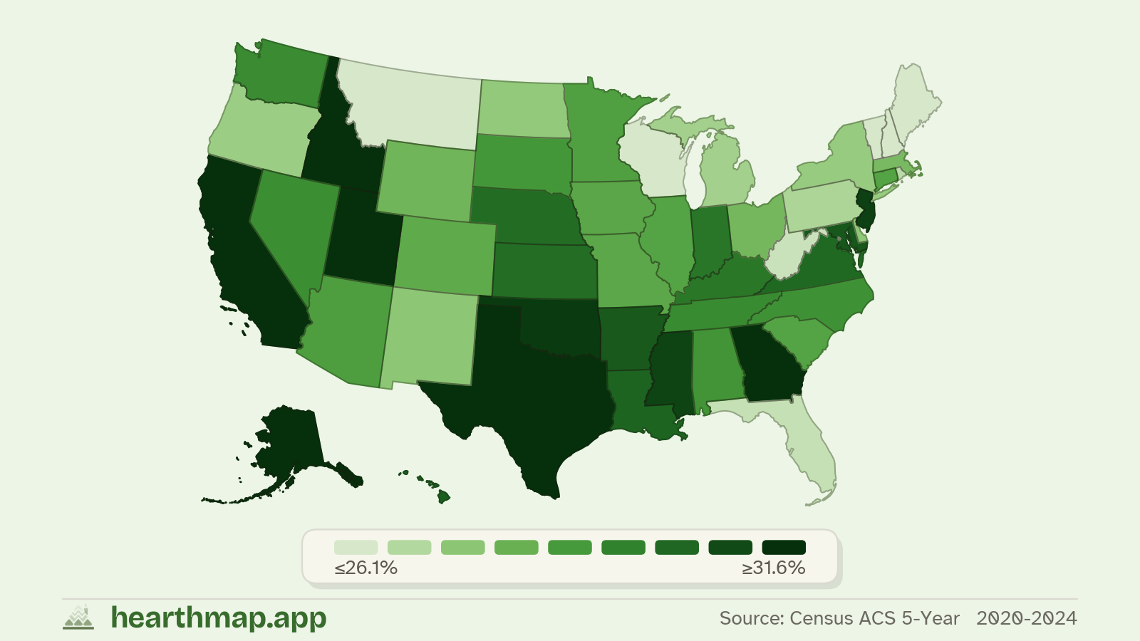 Choropleth map of Households with Kids across US states (2020-2024), by hearthmap