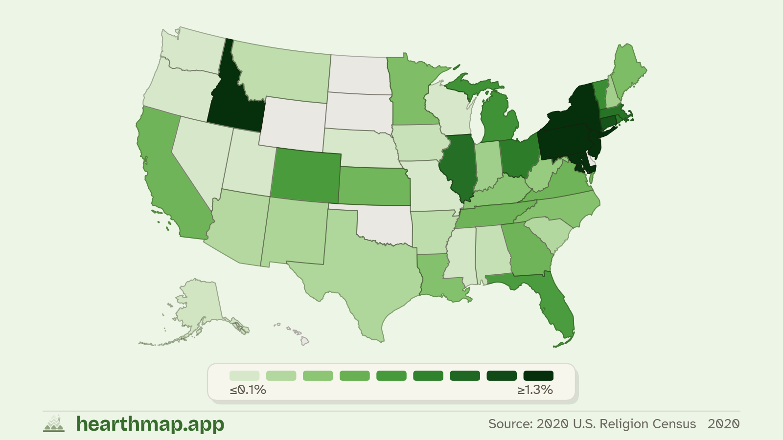 Choropleth map of Jewish Population across US states (2020), by hearthmap
