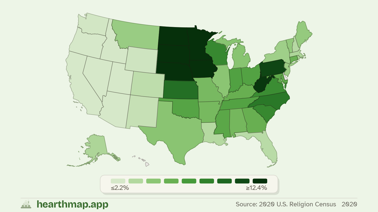 Choropleth map of Mainline Protestant Population across US states (2020), by hearthmap