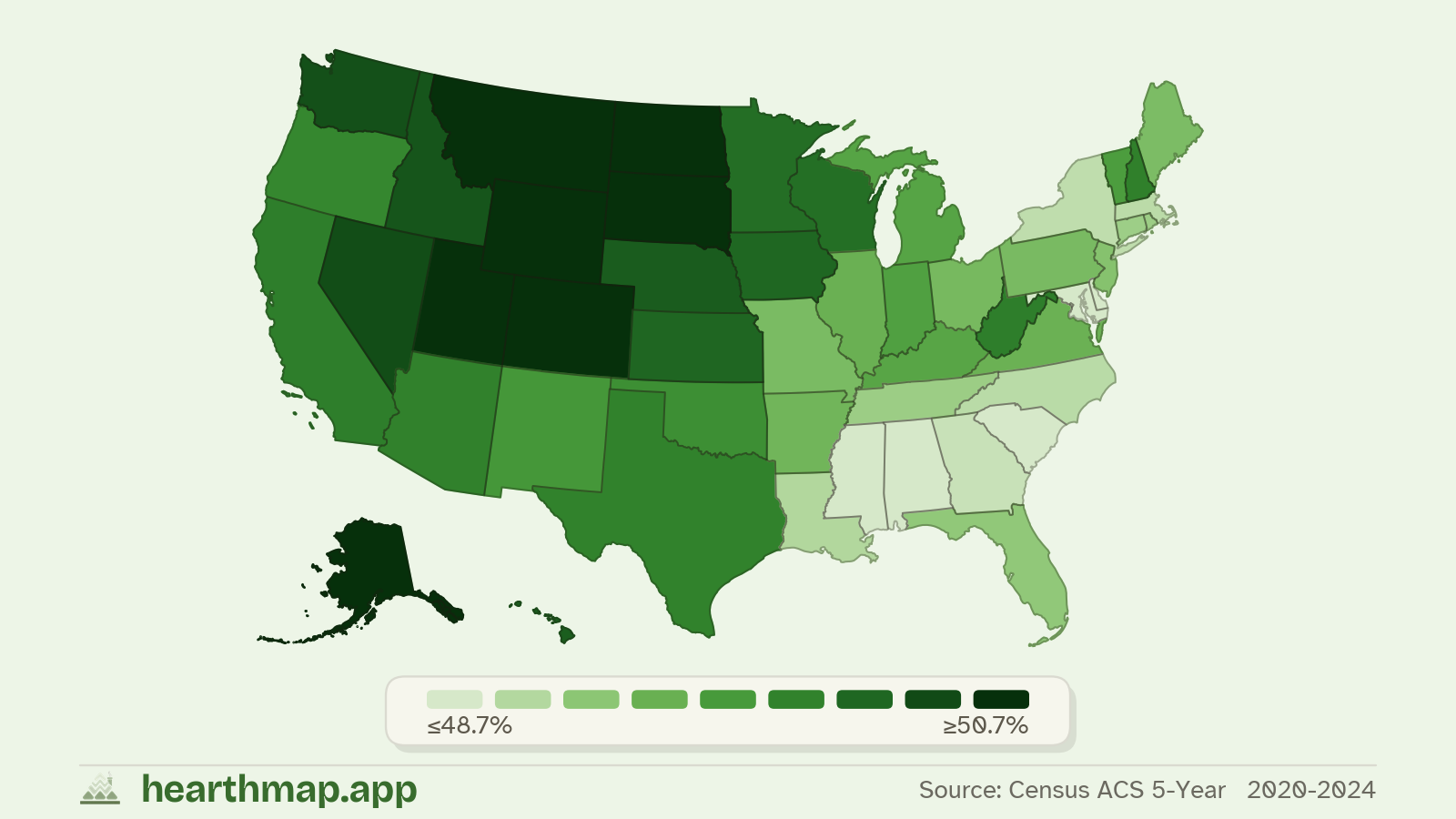 Choropleth map of Male Population across US states (2020-2024), by hearthmap