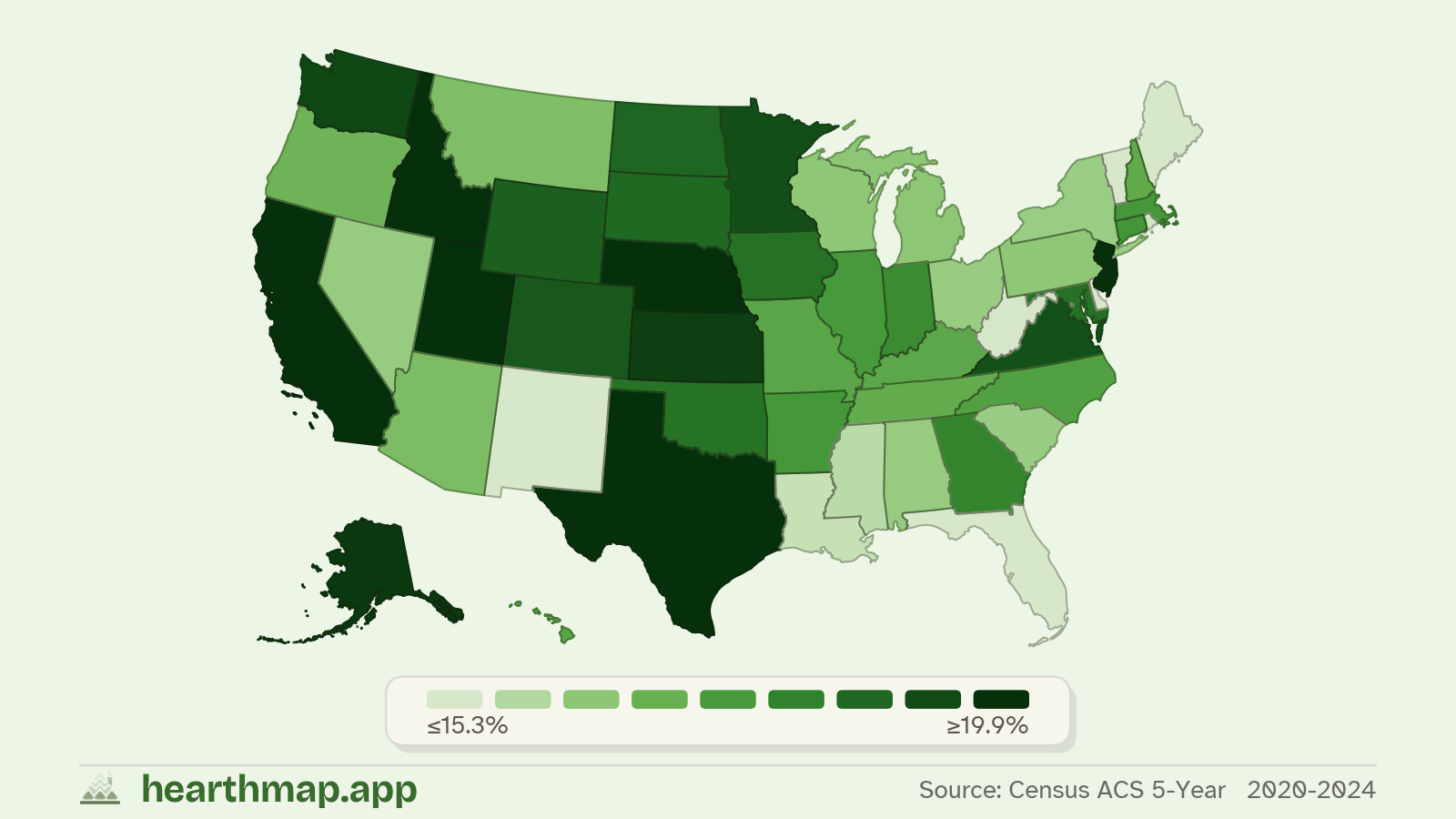 Choropleth map of Married Couples with Kids across US states (2020-2024), by hearthmap