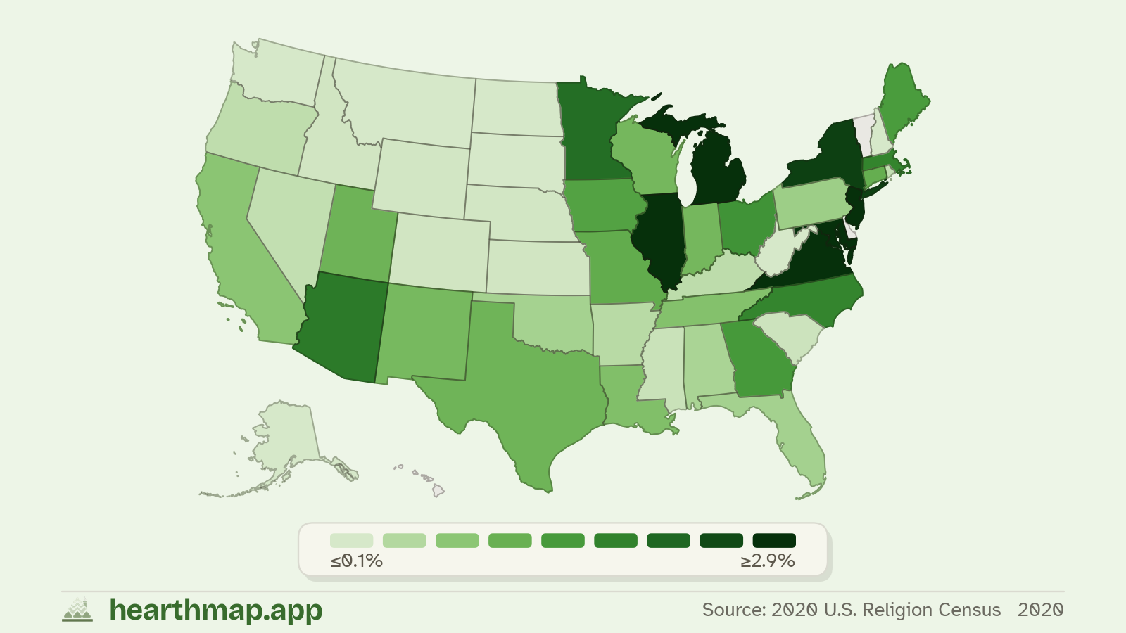 Choropleth map of Muslim Population across US states (2020), by hearthmap
