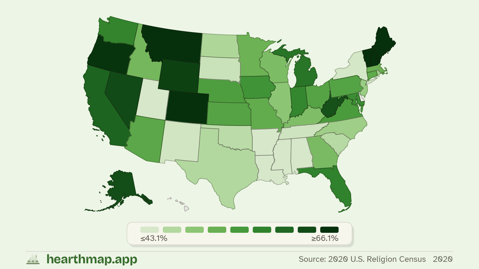 Choropleth map of Religiously Unaffiliated Population across US states (2020), by hearthmap