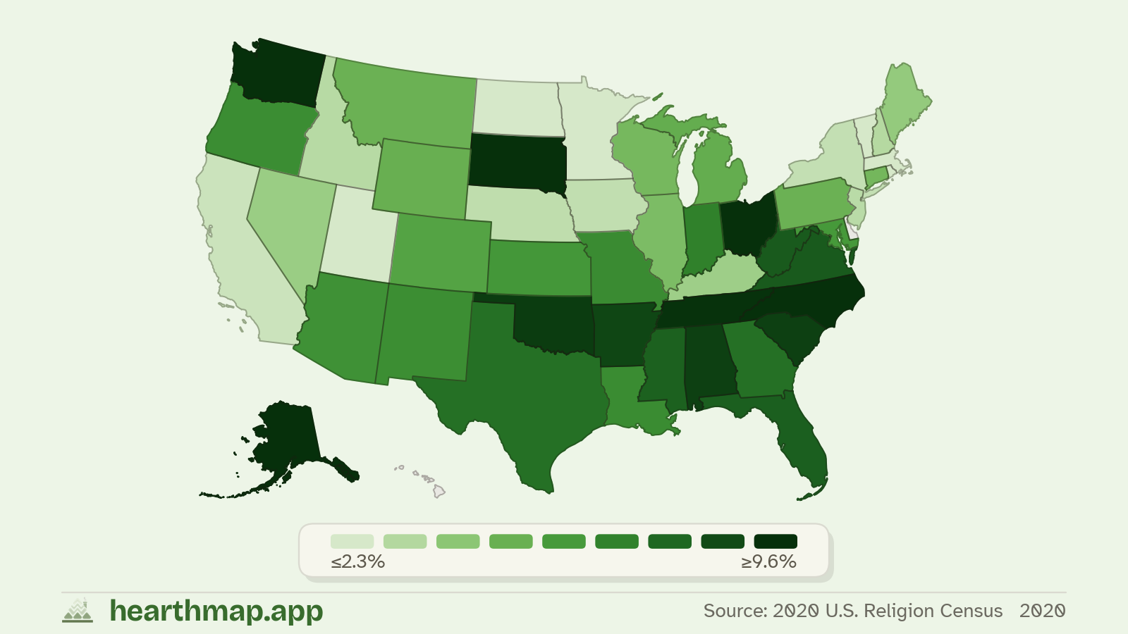 Choropleth map of Non-Denominational Christian Population across US states (2020), by hearthmap