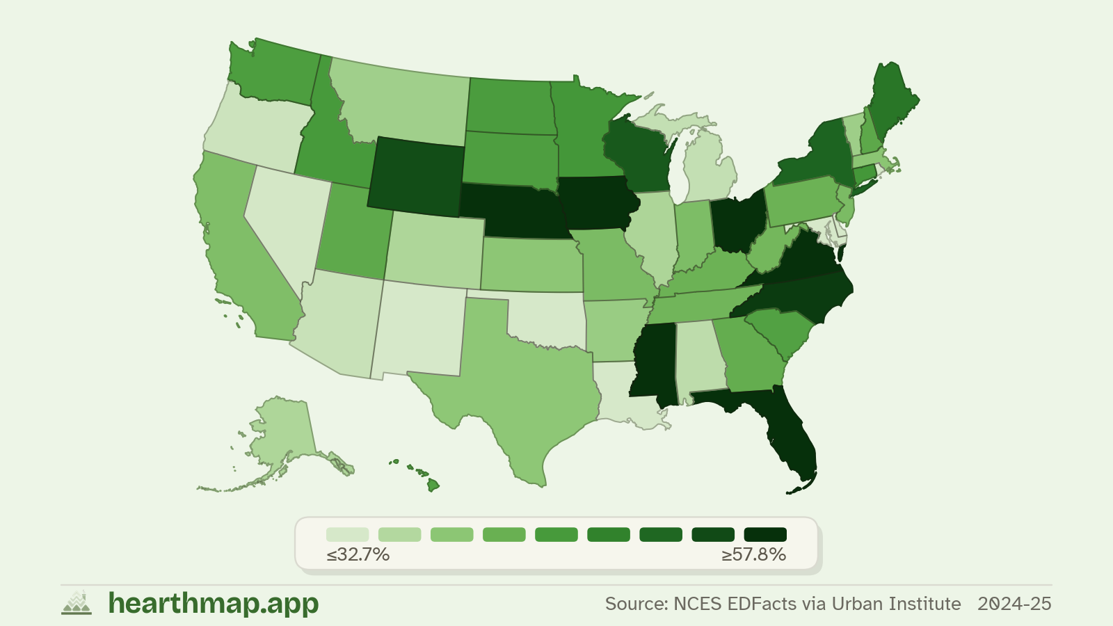 Choropleth map of Math Proficiency across US states (2024-25), by hearthmap
