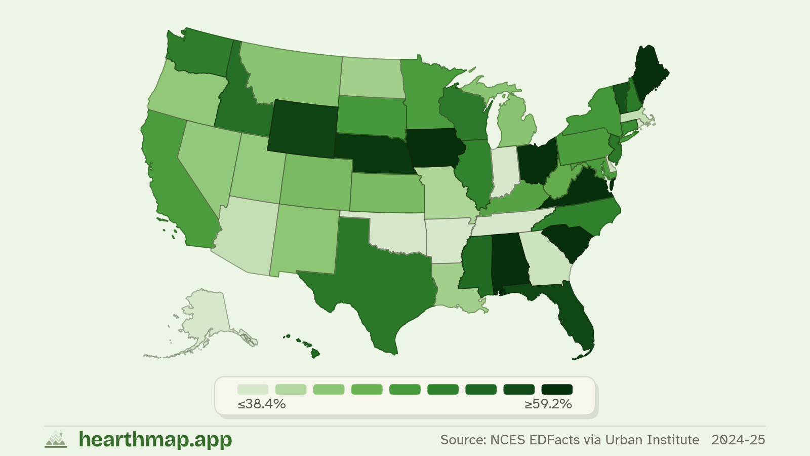Choropleth map of Reading Proficiency across US states (2024-25), by hearthmap