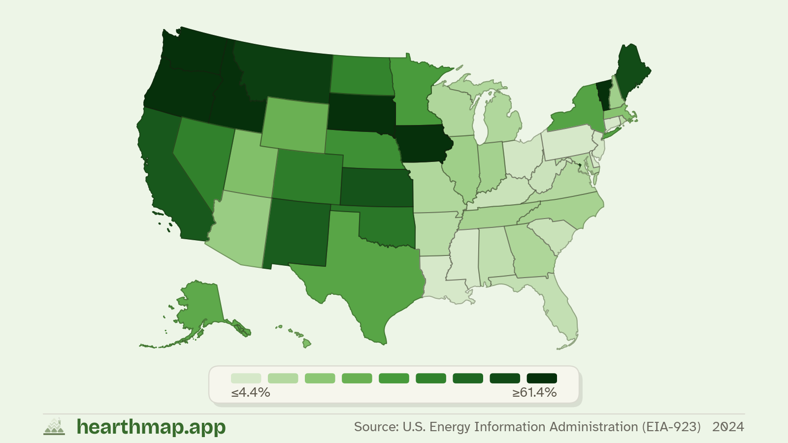 Choropleth map of Renewable Electricity across US states (2024), by hearthmap