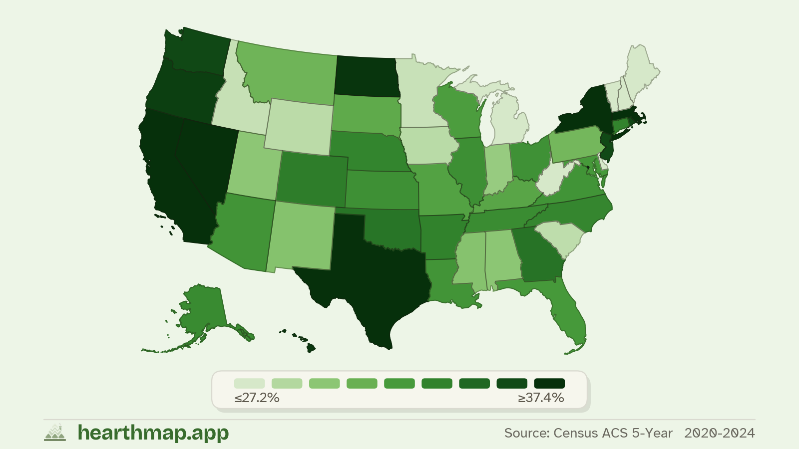 Choropleth map of Renter-Occupied Homes across US states (2020-2024), by hearthmap