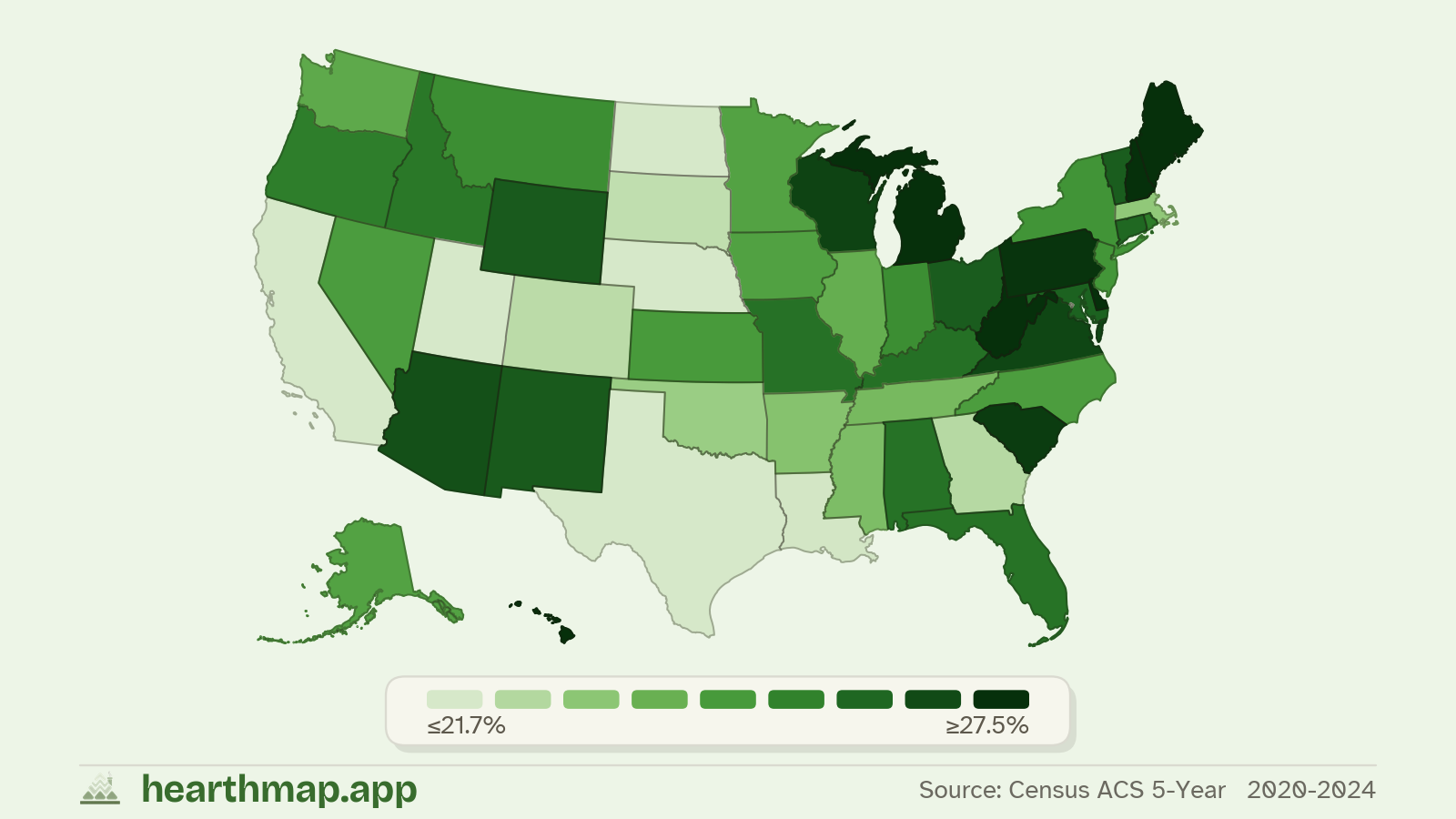 Choropleth map of Households with Retirement Income across US states (2020-2024), by hearthmap