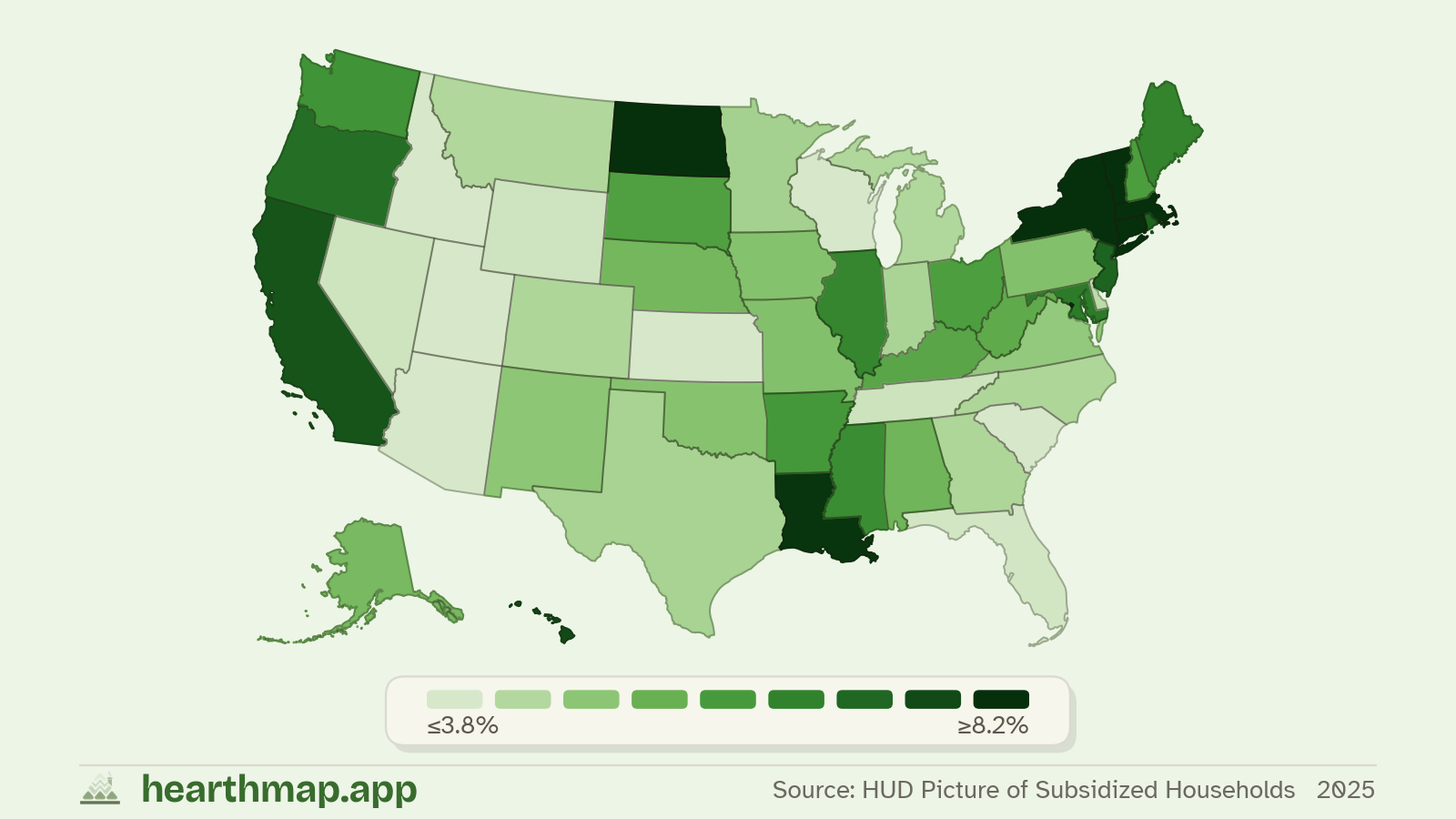 Choropleth map of Section 8 Housing across US states (2025), by hearthmap
