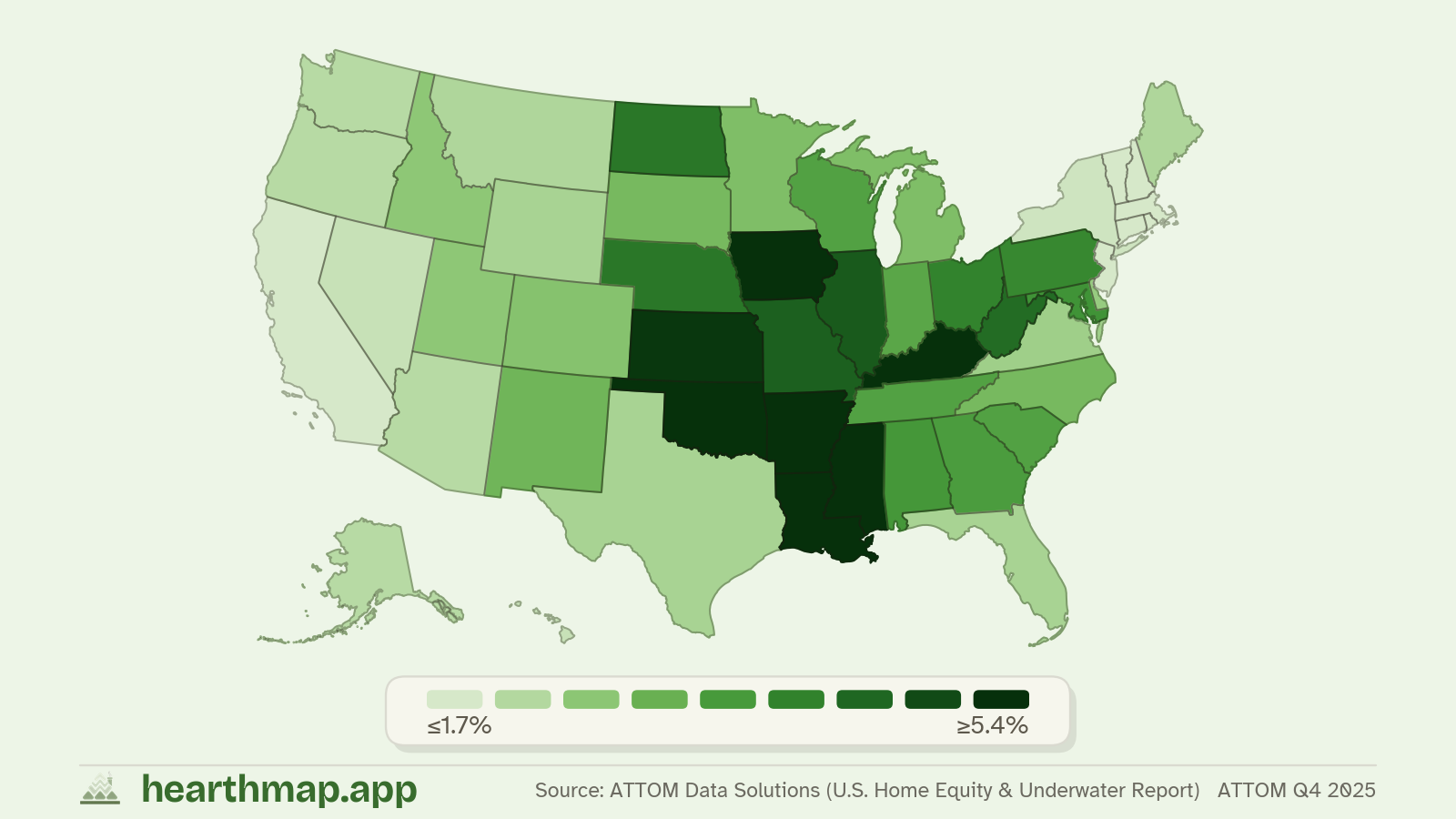 Choropleth map of Underwater Mortgages across US states (ATTOM Q4 2025), by hearthmap