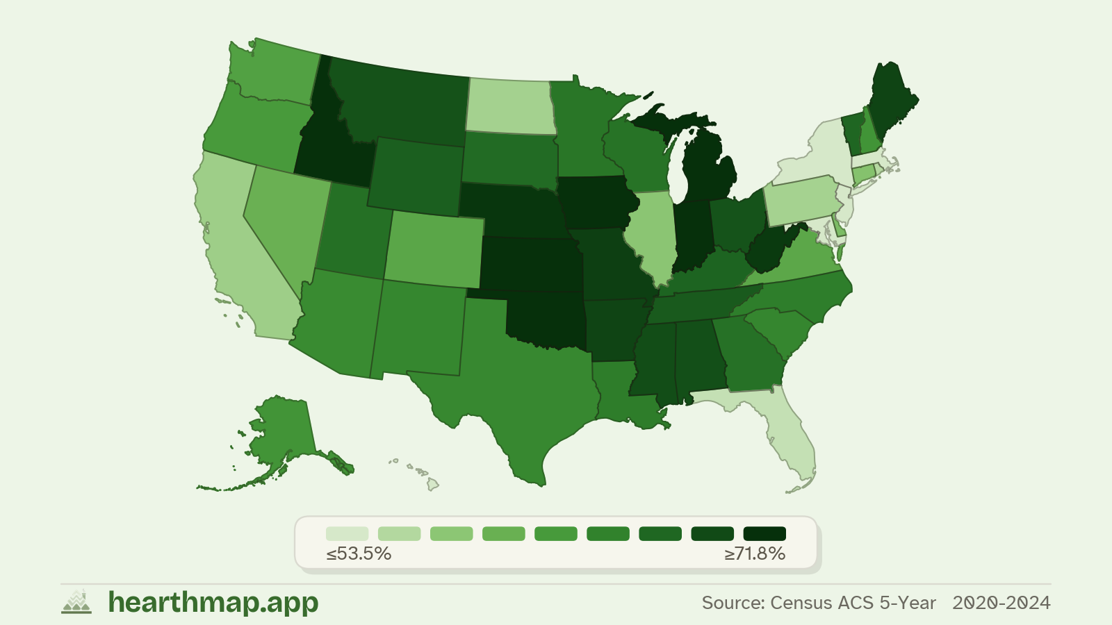 Choropleth map of Single-Family Detached Homes across US states (2020-2024), by hearthmap