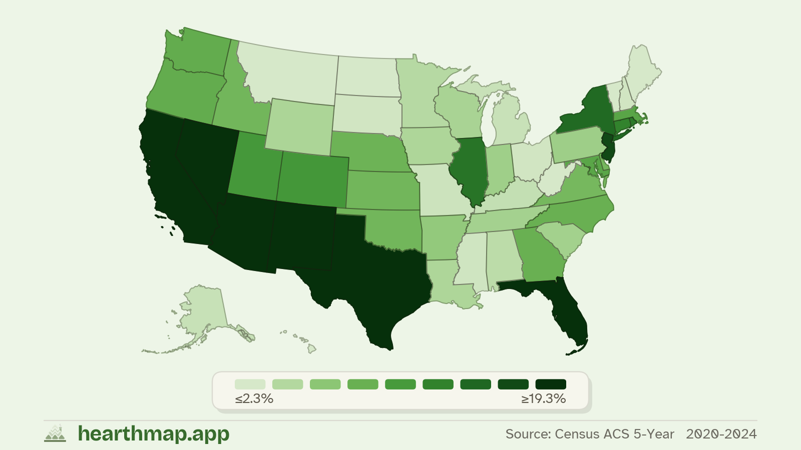 Choropleth map of Spanish Spoken at Home across US states (2020-2024), by hearthmap