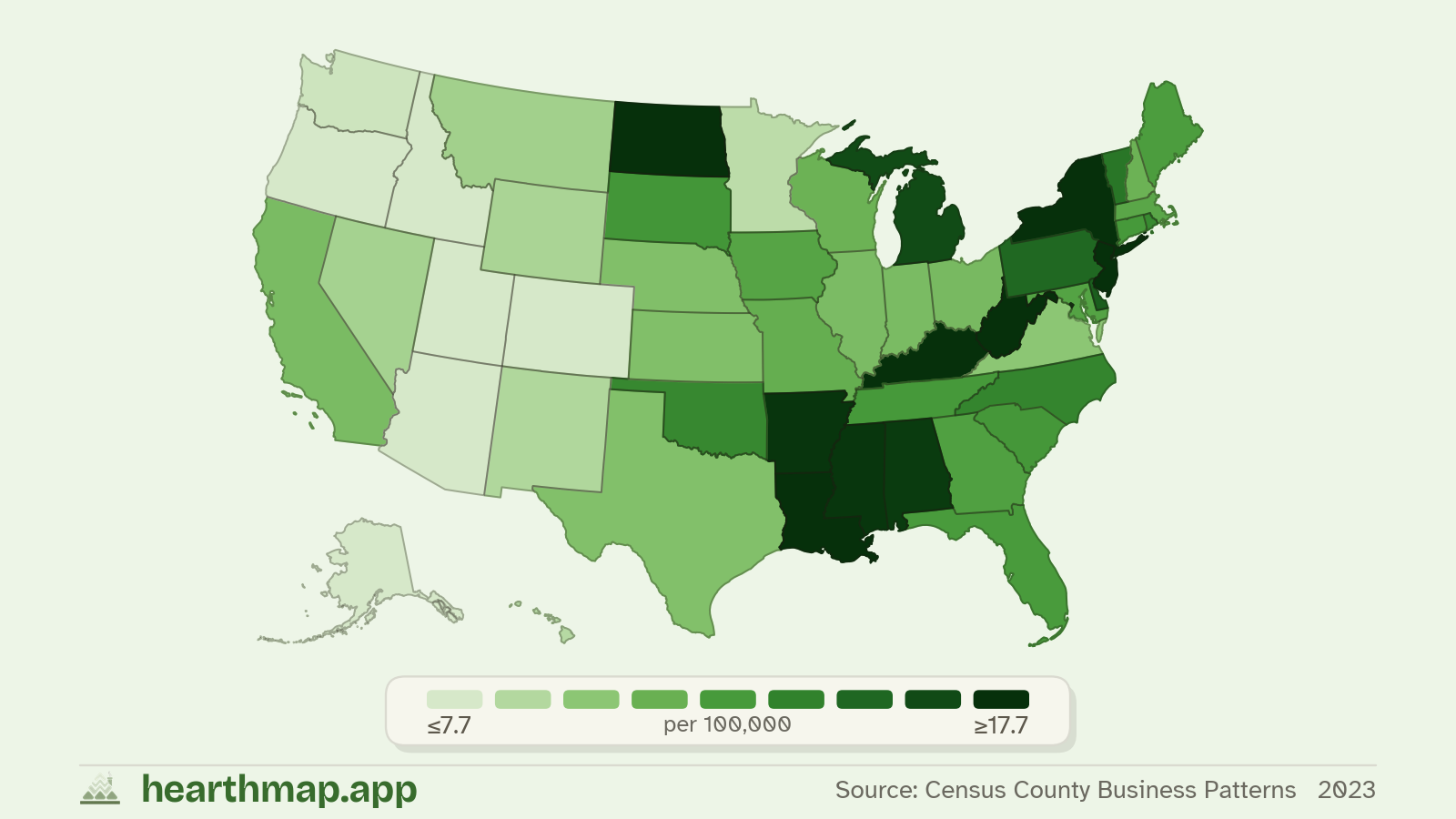 Choropleth map of Pharmacies across US states (2023), by hearthmap