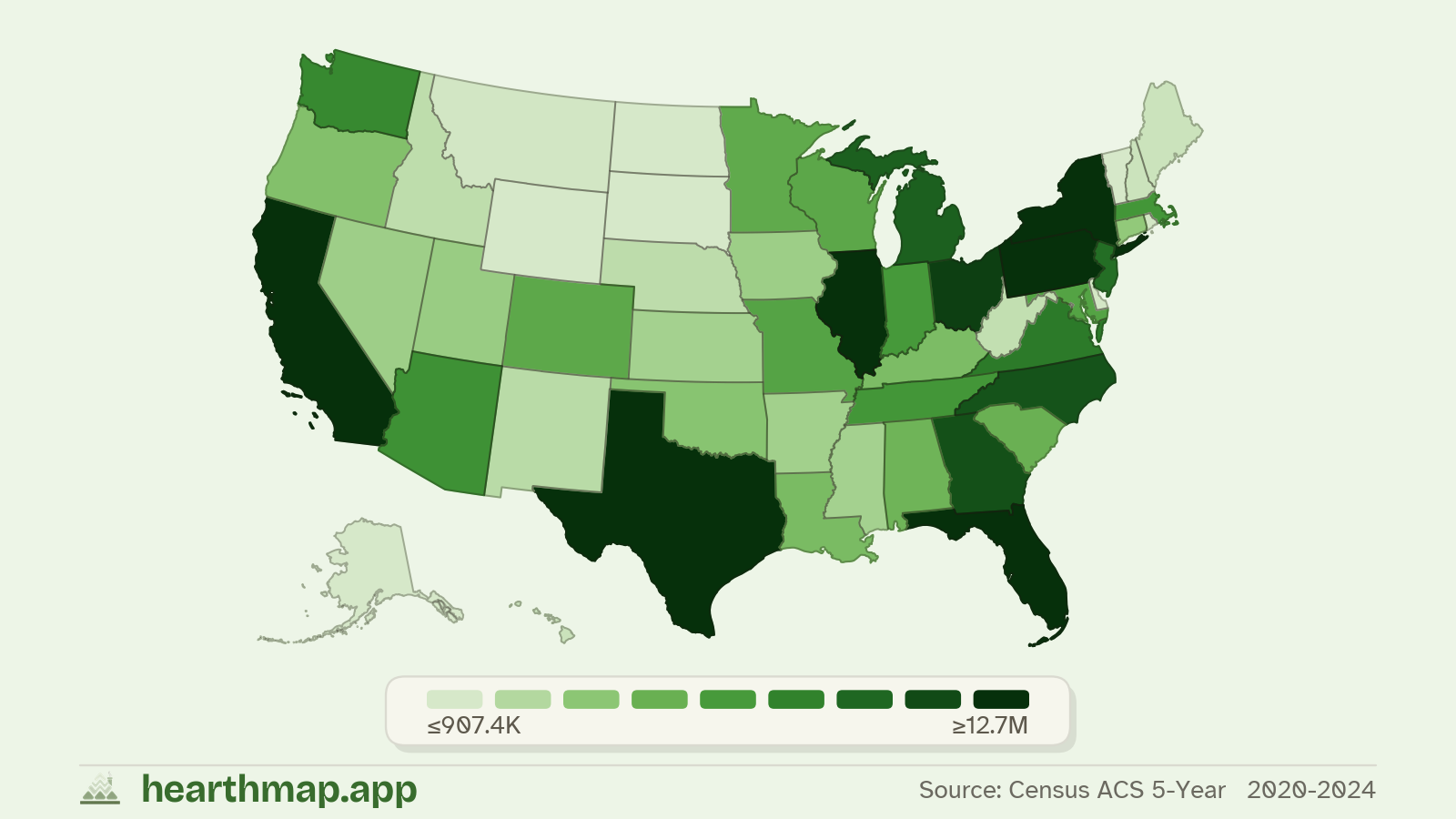 Choropleth map of Population across US states (2020-2024), by hearthmap