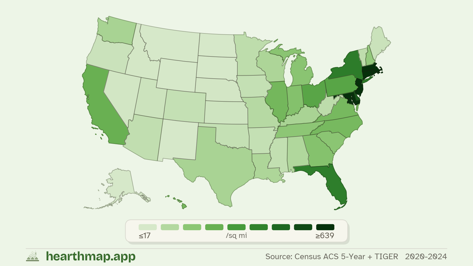 Choropleth map of Population Density across US states (2020-2024), by hearthmap