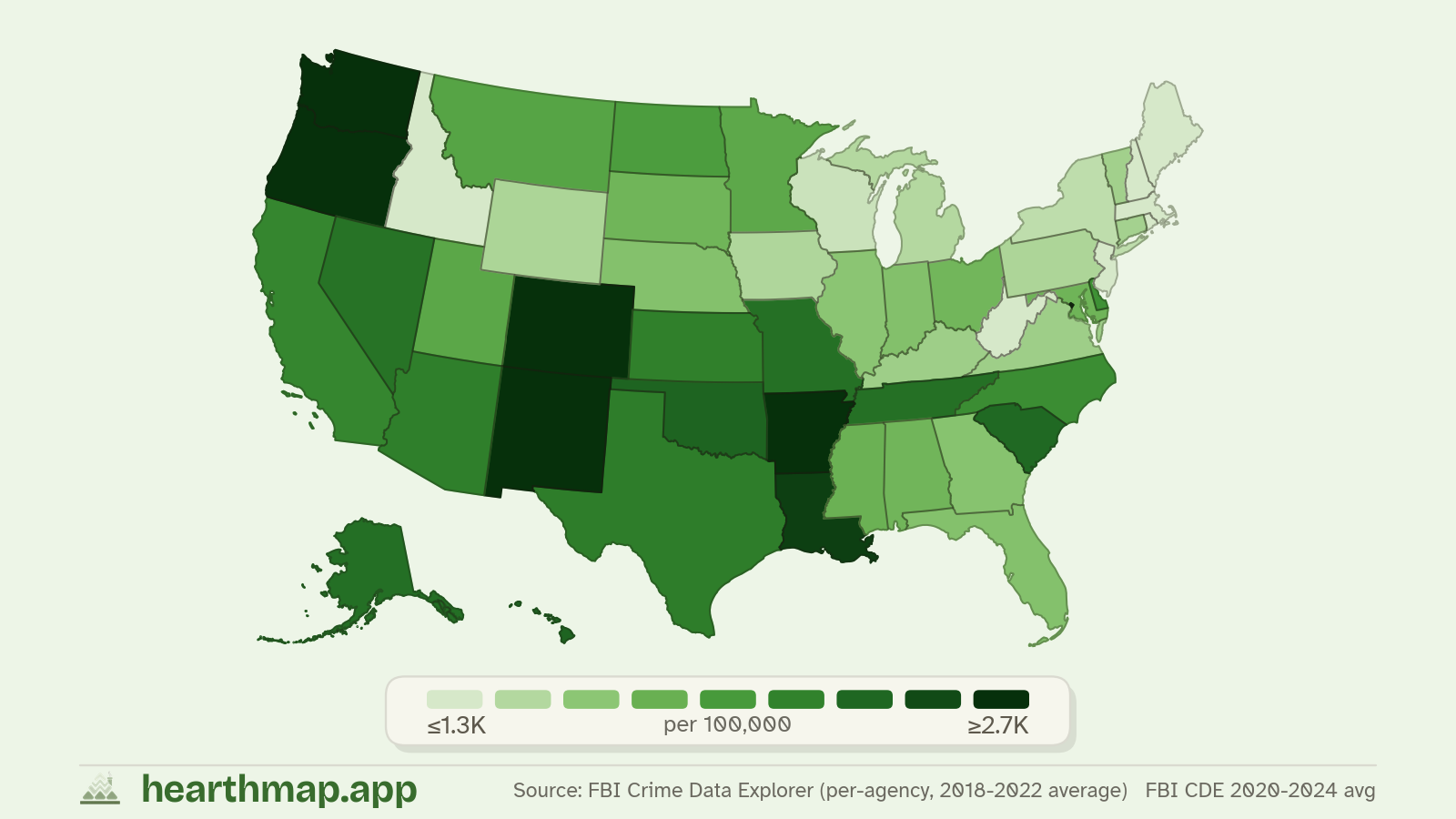 Choropleth map of Property Crime Rate across US states (FBI CDE 2020-2024 avg), by hearthmap