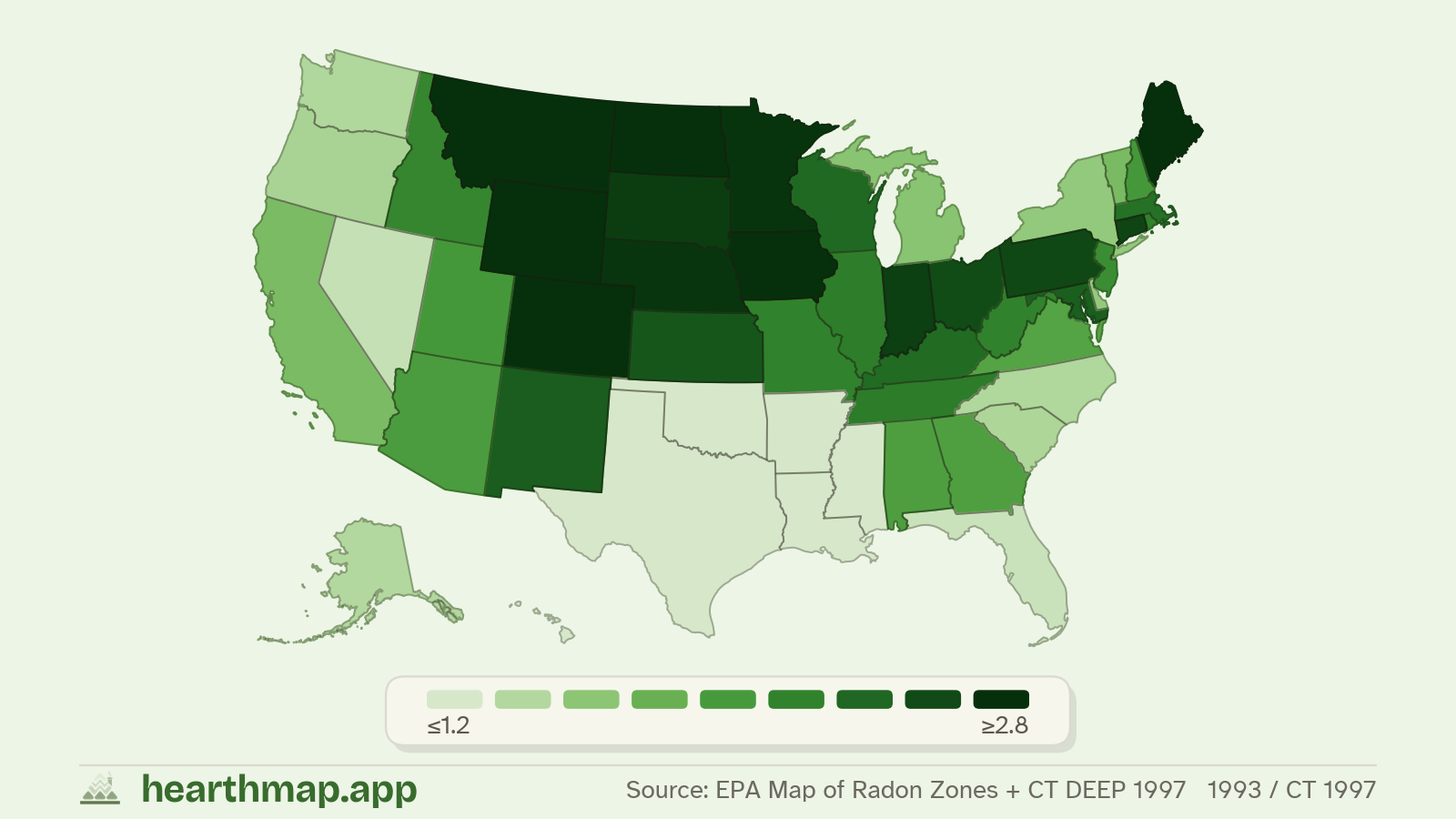 Choropleth map of Radon Risk Zone across US states (1993 / CT 1997), by hearthmap
