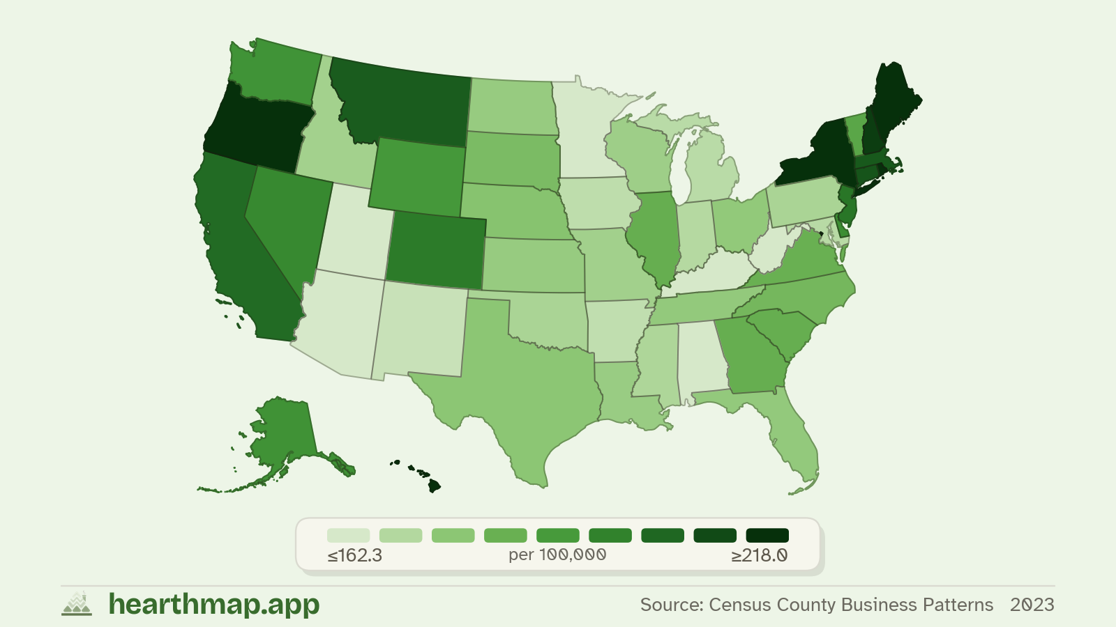 Choropleth map of Restaurants across US states (2023), by hearthmap