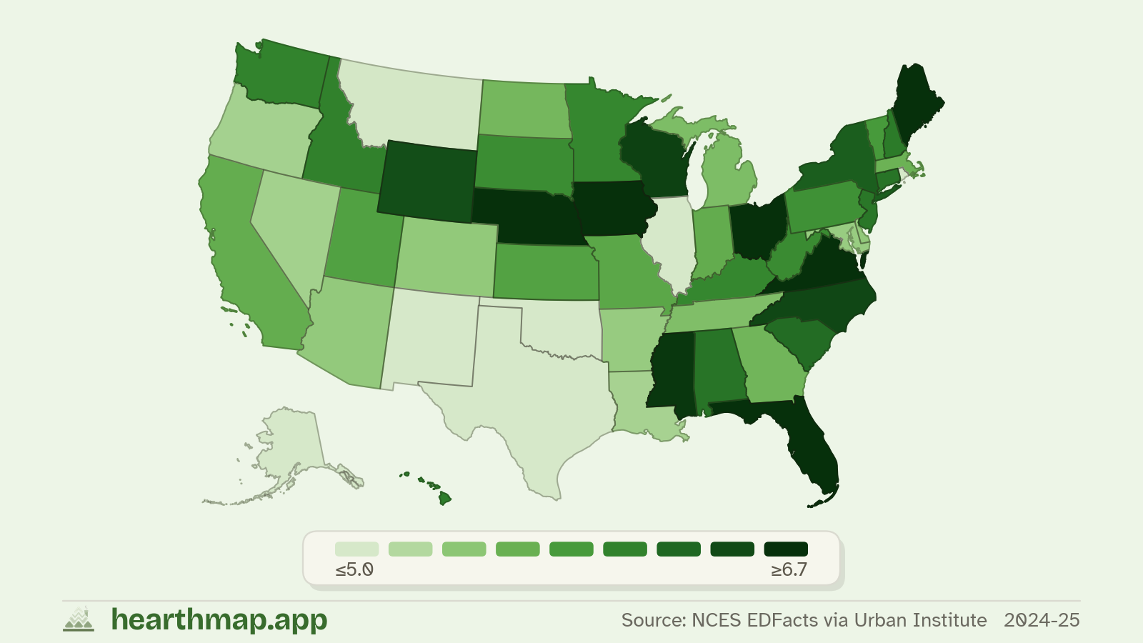 Choropleth map of School District Rating across US states (2024-25), by hearthmap
