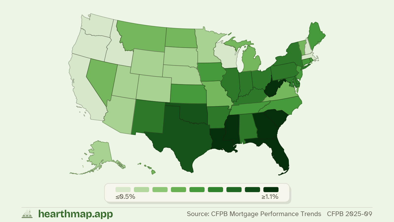 Choropleth map of Foreclosure Risk across US states (CFPB 2025-09), by hearthmap