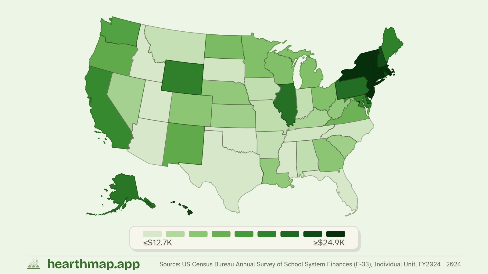 Choropleth map of Spending Per Pupil across US states (2024), by hearthmap