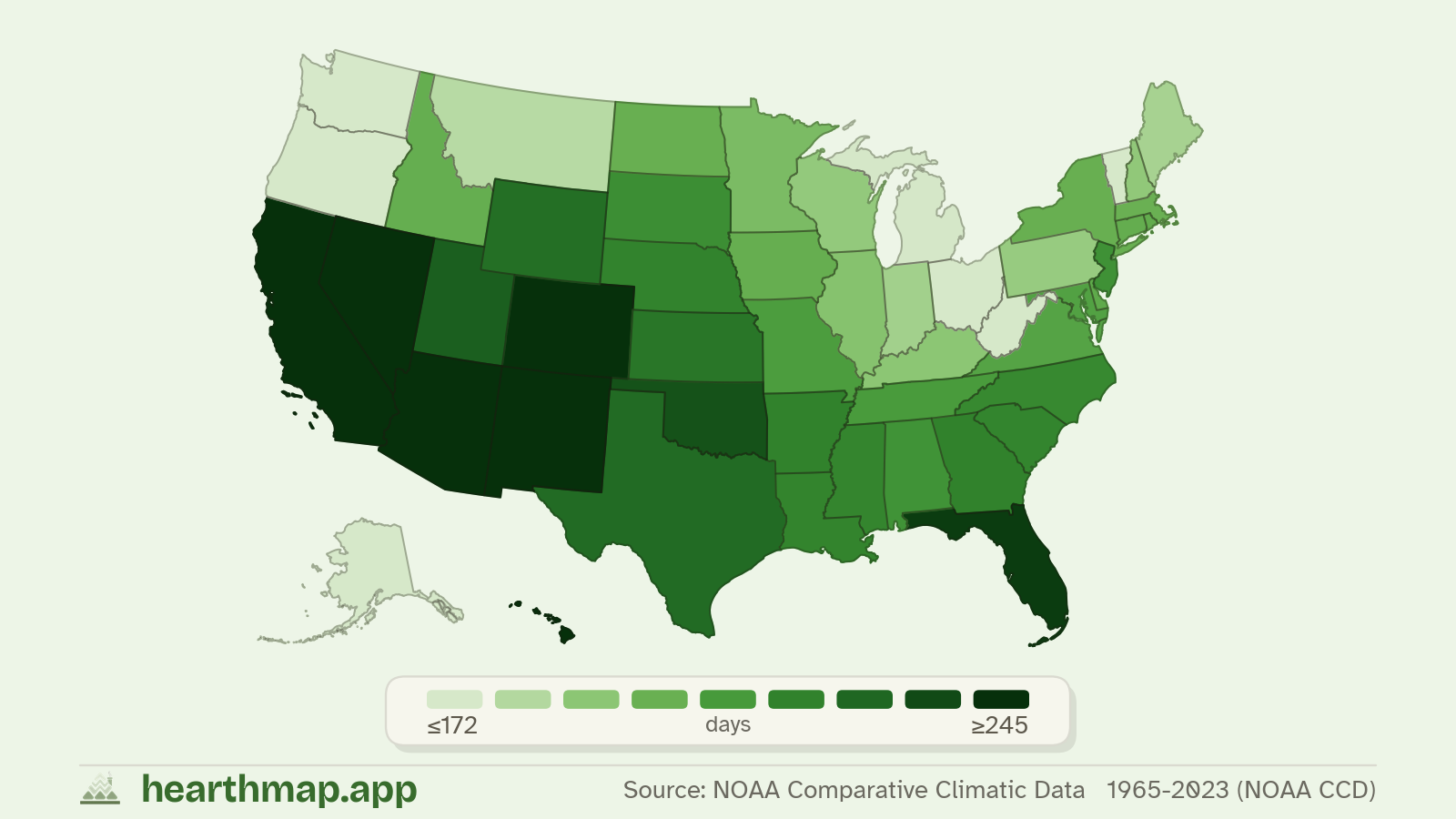 Choropleth map of Clear Days per Year across US states (1965-2023 (NOAA CCD)), by hearthmap