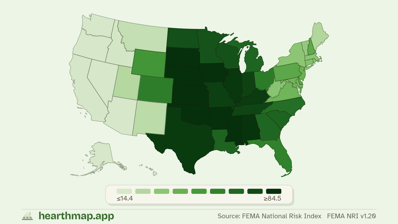 Choropleth map of Tornado Risk across US states (FEMA NRI v1.20), by hearthmap