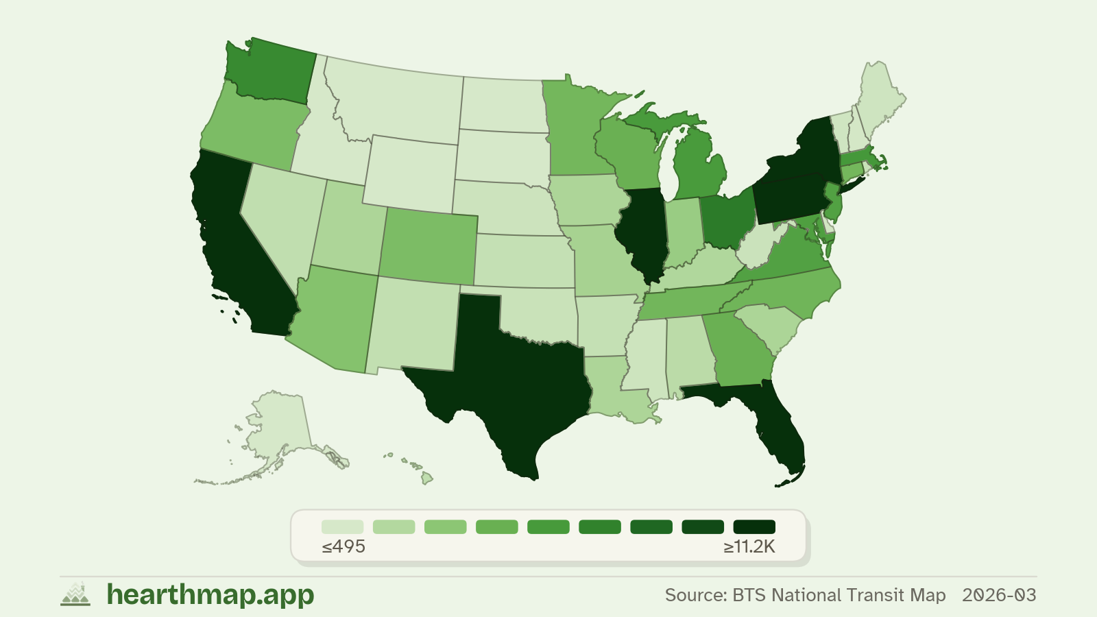 Choropleth map of Transit Stops across US states (2026-03), by hearthmap