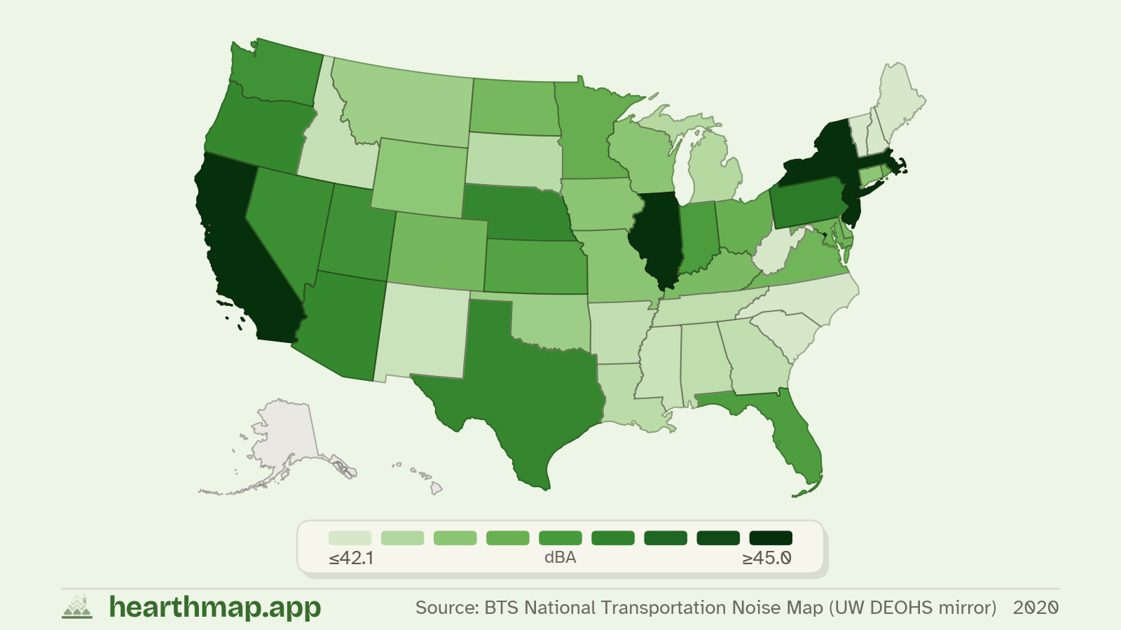 Choropleth map of Road, Rail & Aviation Noise across US states (2020), by hearthmap