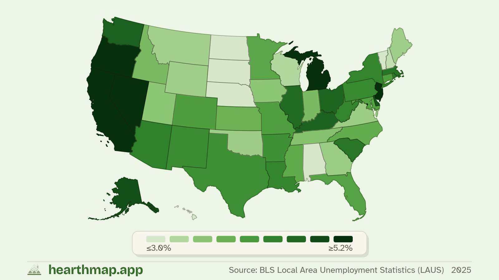 Choropleth map of Unemployment Rate across US states (2025), by hearthmap