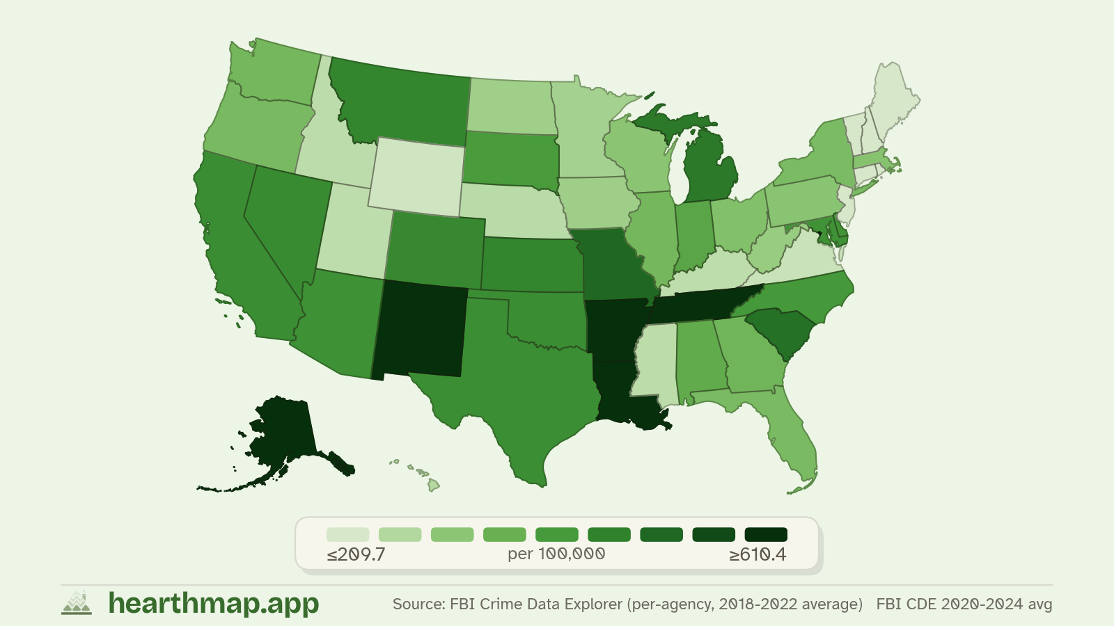 Choropleth map of Violent Crime Rate across US states (FBI CDE 2020-2024 avg), by hearthmap