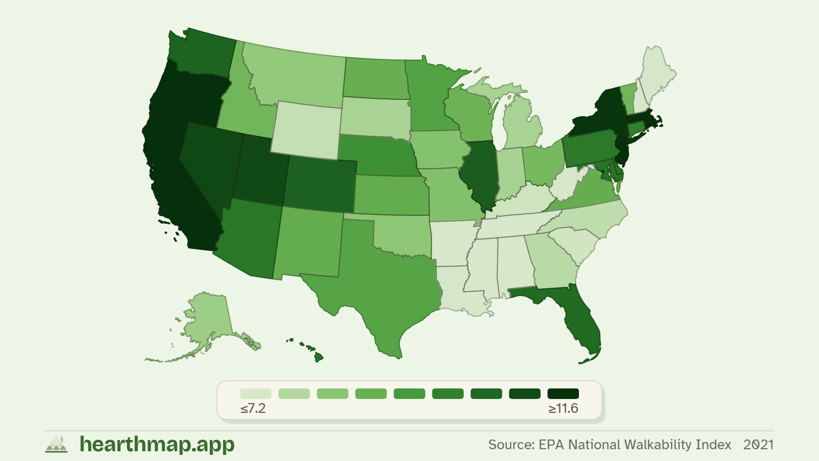 Choropleth map of Walkability Score across US states (2021), by hearthmap