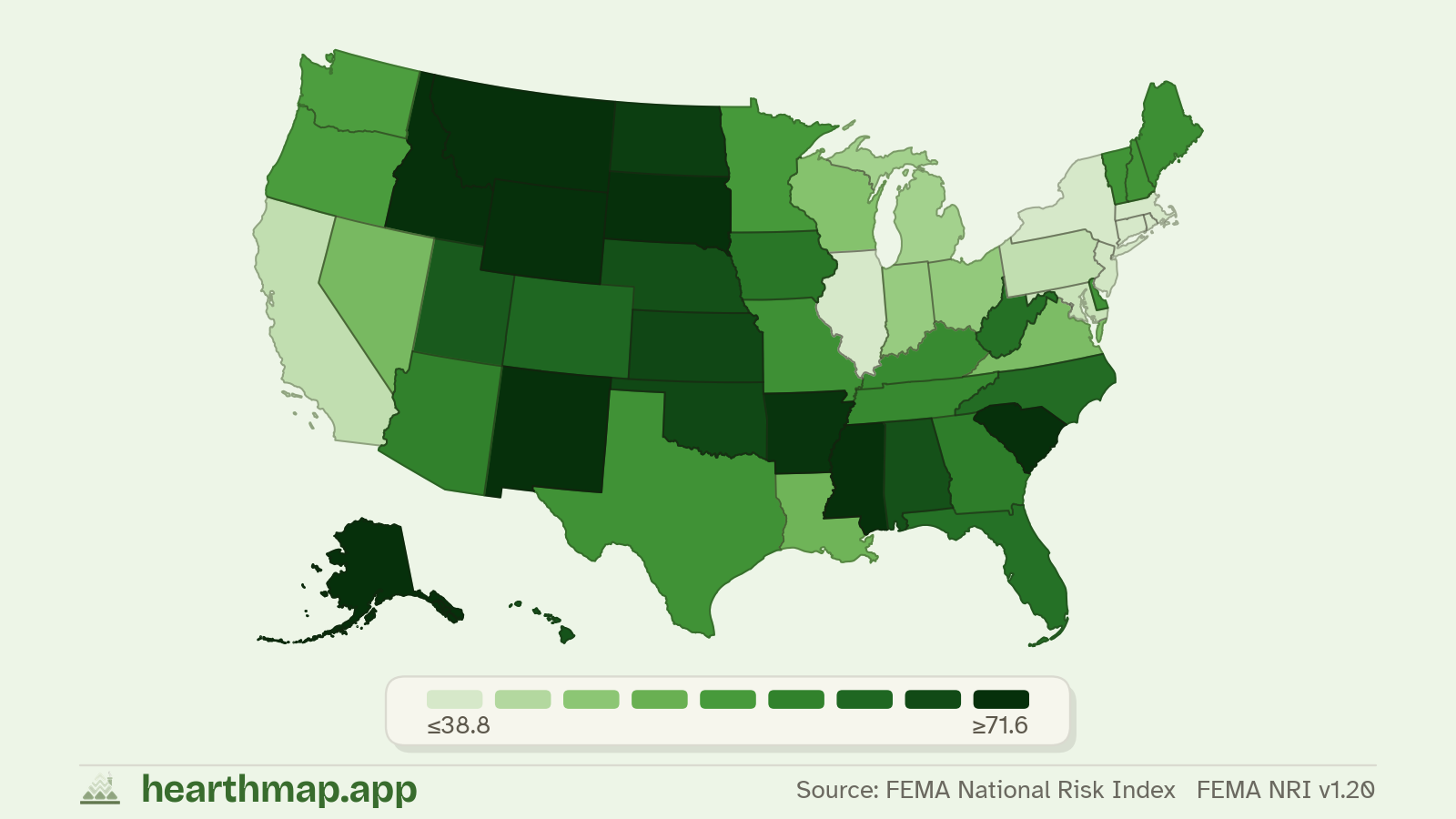 Choropleth map of Wildfire Risk across US states (FEMA NRI v1.20), by hearthmap