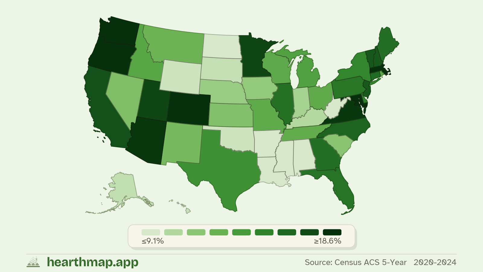Choropleth map of Remote Workers across US states (2020-2024), by hearthmap