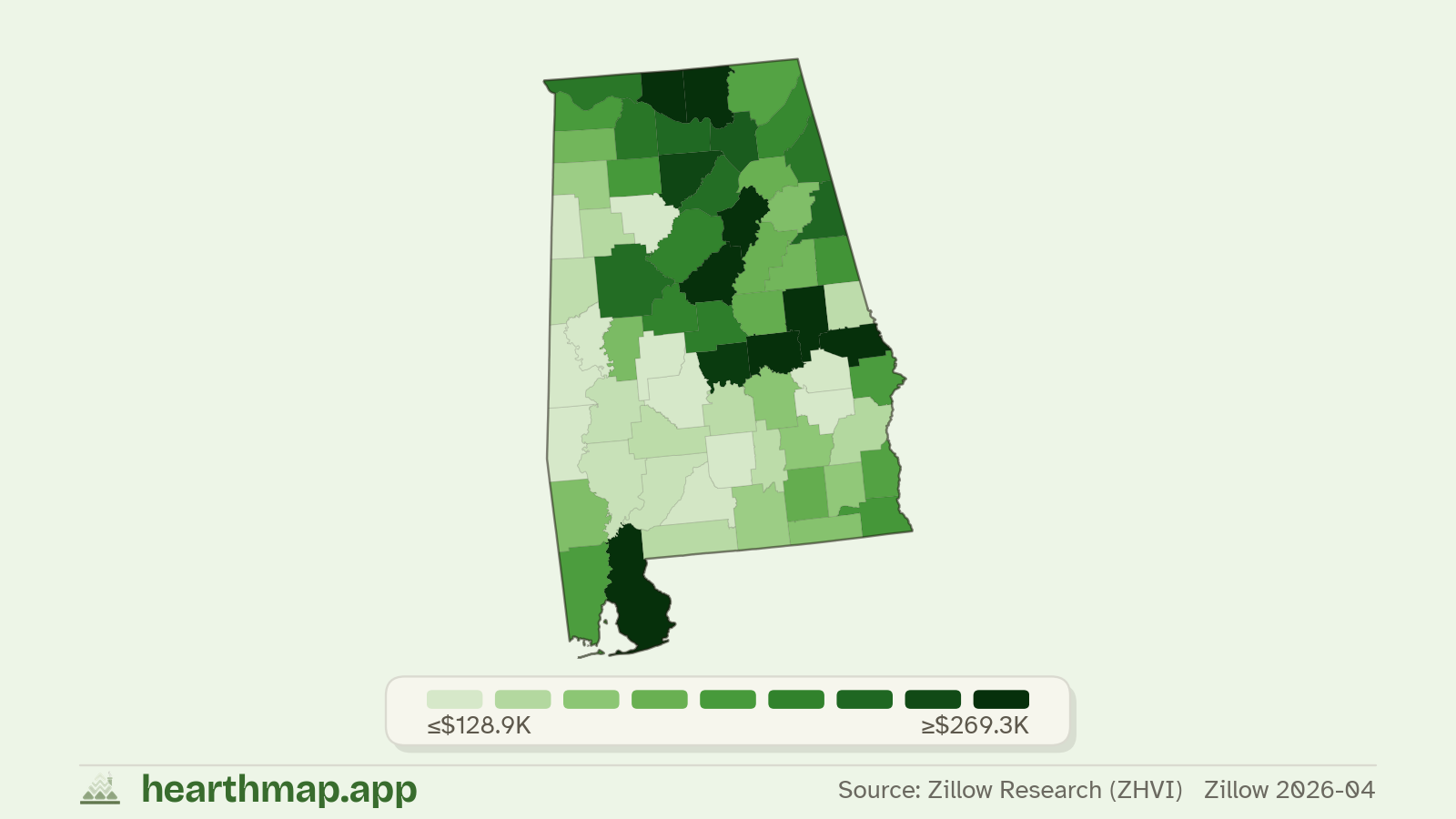 Choropleth map of median home price by county in Alabama (Zillow 2026-06), by hearthmap