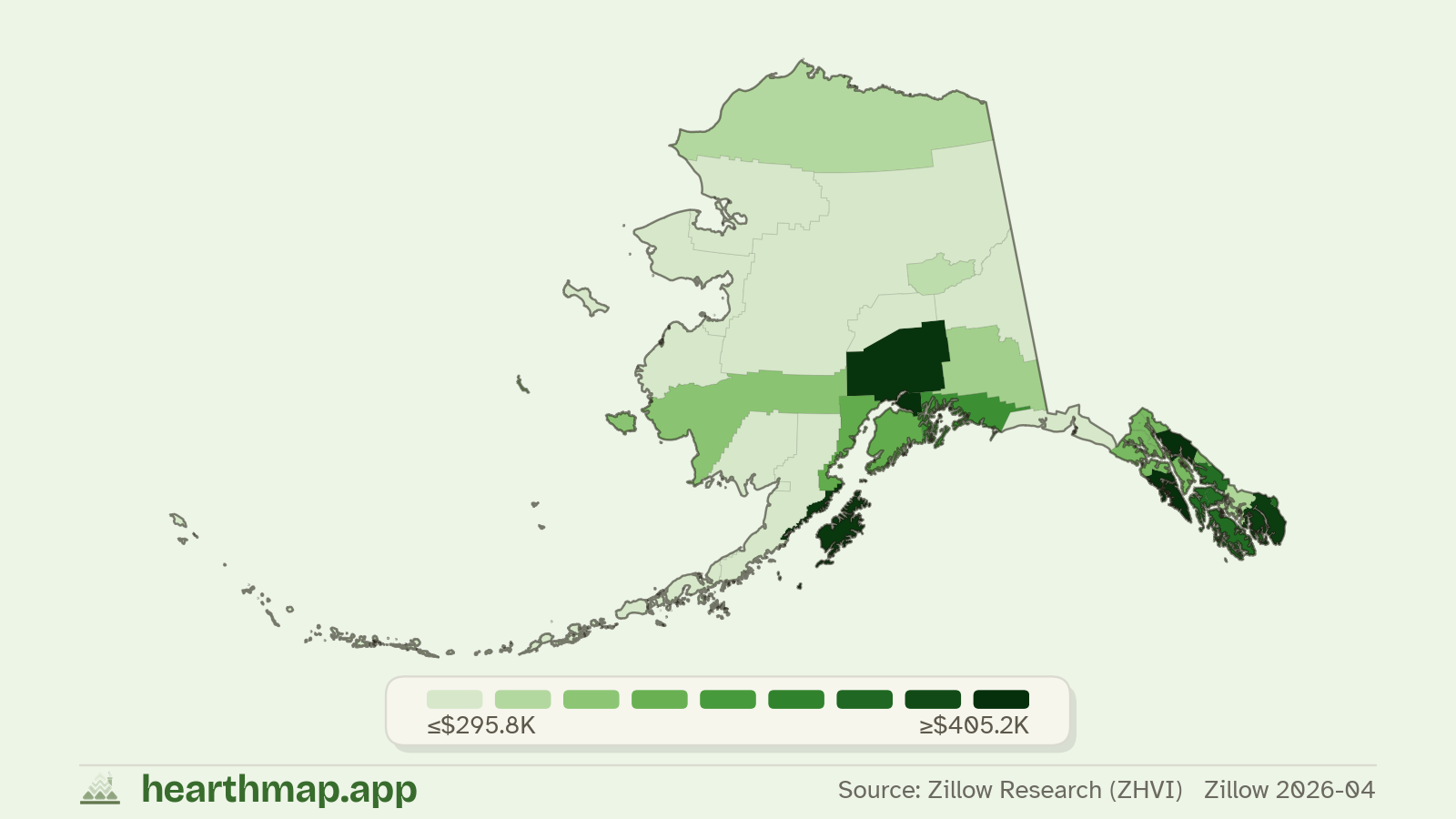 Choropleth map of median home price by county in Alaska (Zillow 2026-06), by hearthmap