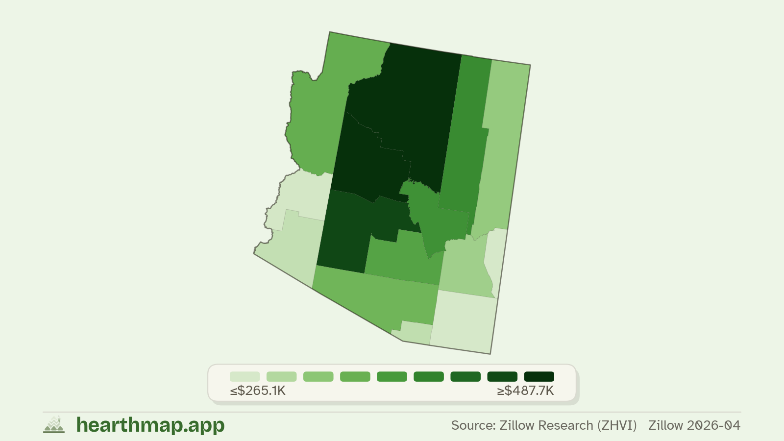 Choropleth map of median home price by county in Arizona (Zillow 2026-06), by hearthmap