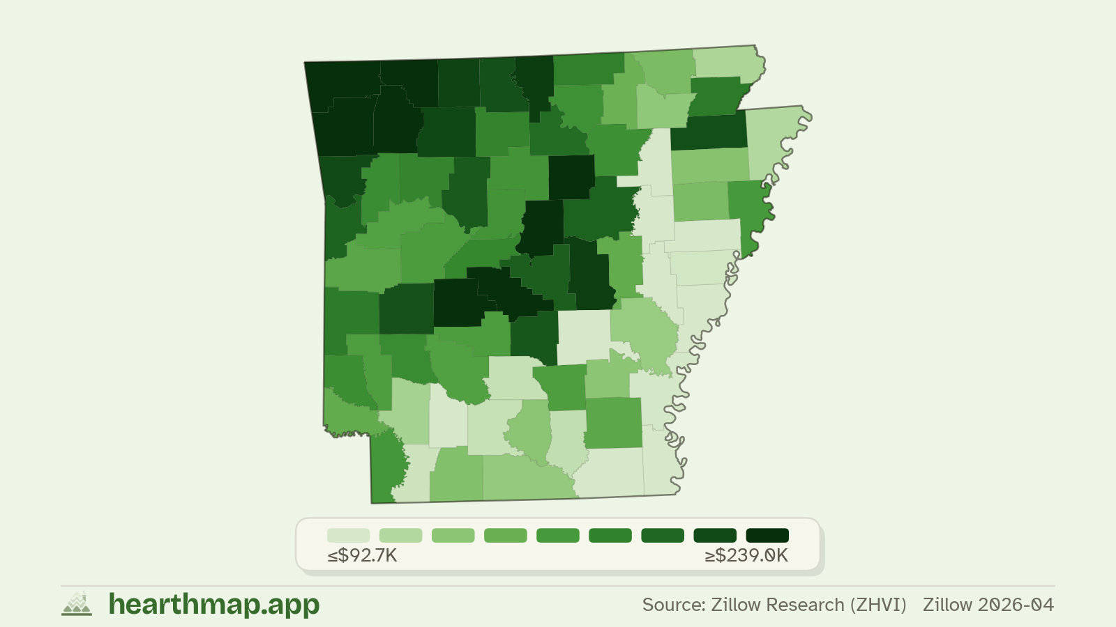 Choropleth map of median home price by county in Arkansas (Zillow 2026-06), by hearthmap