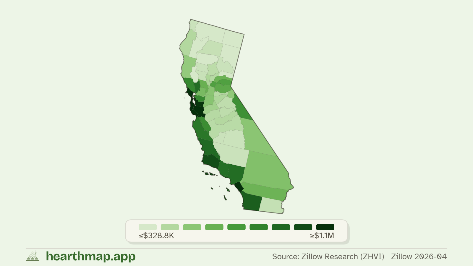 Choropleth map of median home price by county in California (Zillow 2026-06), by hearthmap