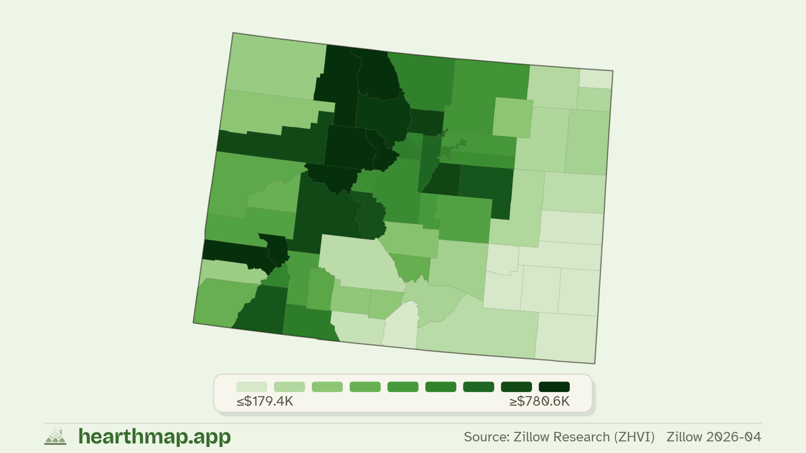 Choropleth map of median home price by county in Colorado (Zillow 2026-06), by hearthmap