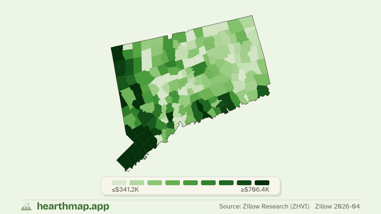 Choropleth map of median home price by town in Connecticut (Zillow 2026-06), by hearthmap
