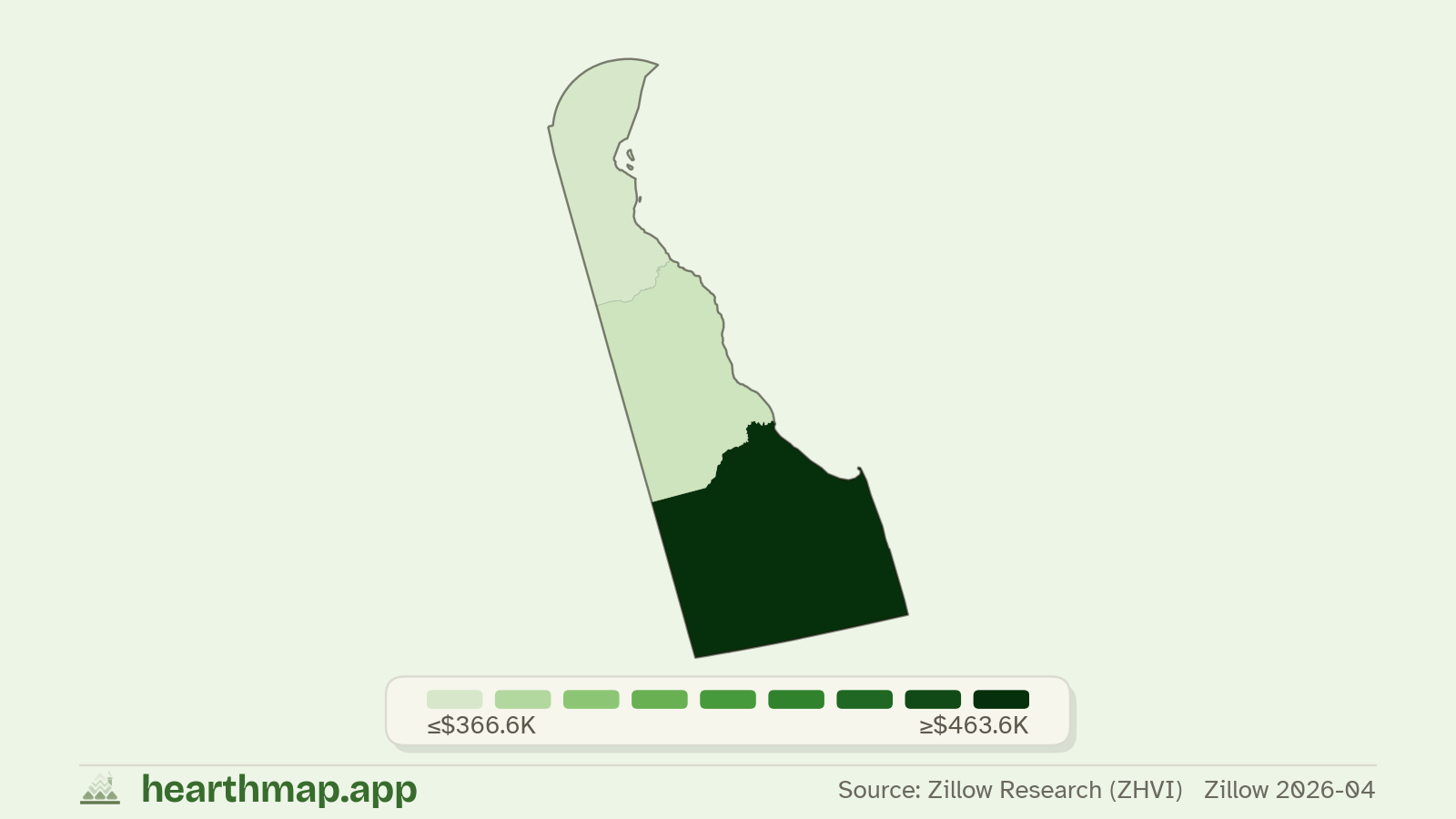 Choropleth map of median home price by county in Delaware (Zillow 2026-06), by hearthmap