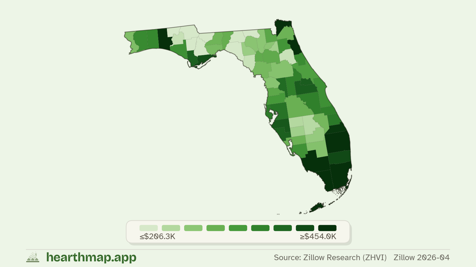 Choropleth map of median home price by county in Florida (Zillow 2026-06), by hearthmap