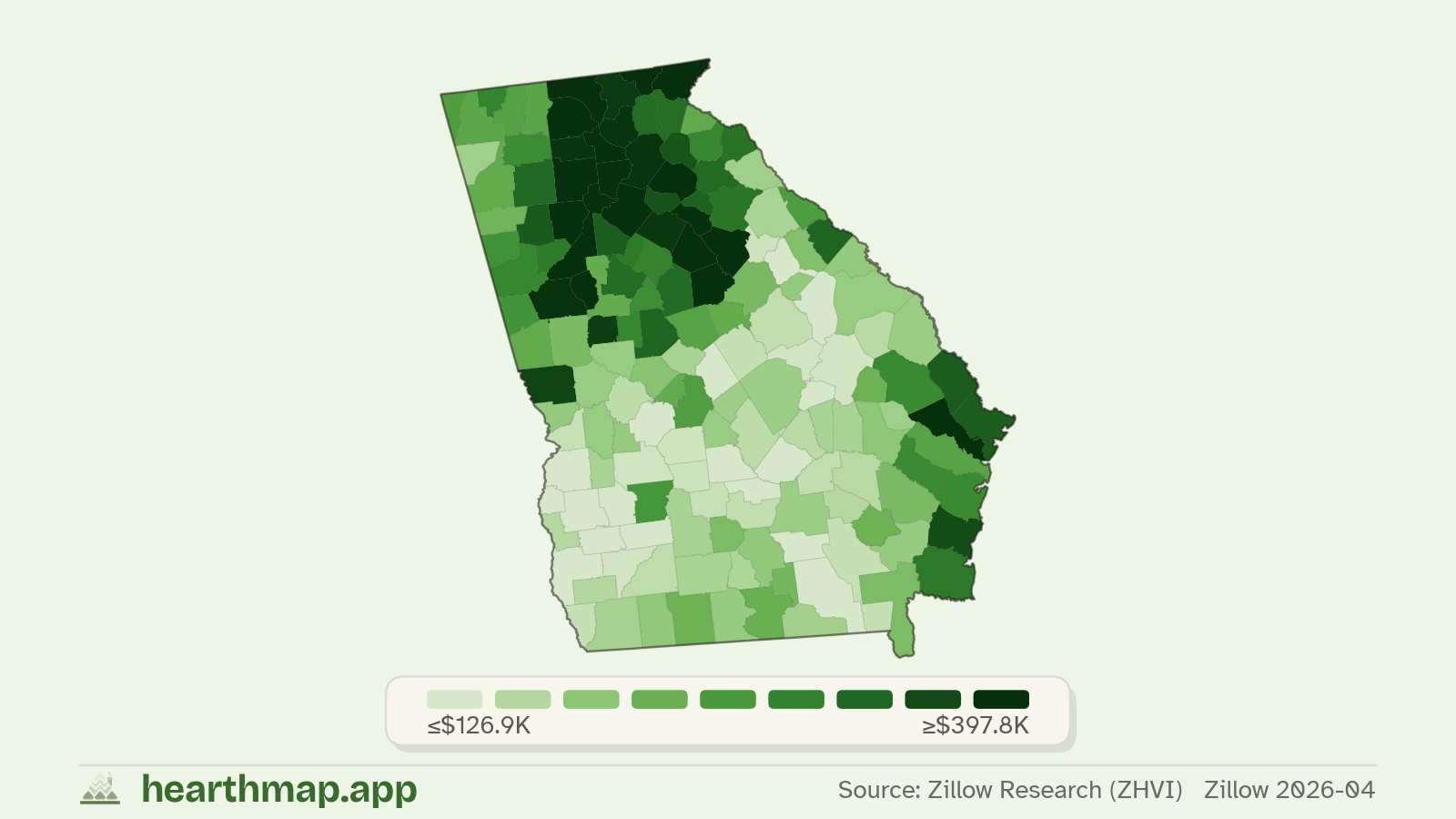 Choropleth map of median home price by county in Georgia (Zillow 2026-06), by hearthmap